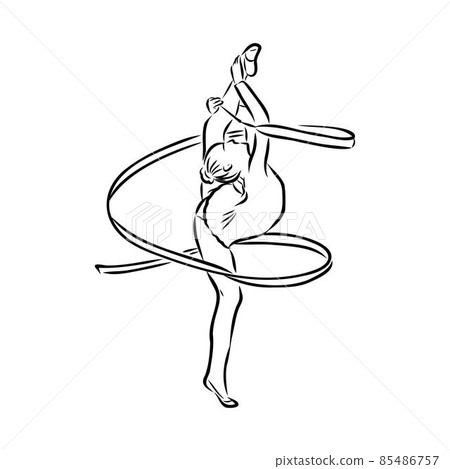 Rhythmic gymnastics. Silhouette of a girl with a ribbon. Beautiful gymnast. The woman is slim and young. Vector illustration. 85486757