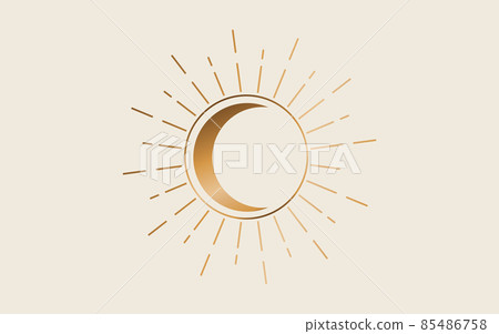 Sun and moon vintage line art clipart. Outline sun logo, moon tattoo. Mystical Sacred geometry, magic pagan Wicca goddess and god symbol. Vector gold sign illustration isolated old white background 85486758
