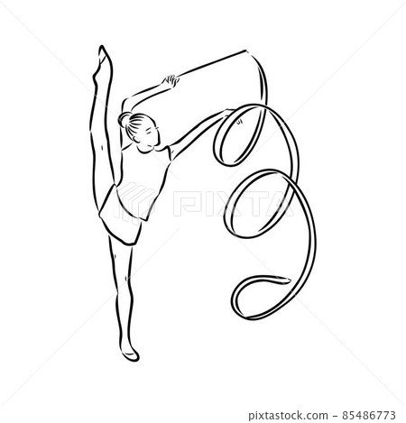 Rhythmic gymnastics. Silhouette of a girl with a ribbon. Beautiful gymnast. The woman is slim and young. Vector illustration. Rhythmic gymnastics. Silhouette of a girl with a ribbon. Beautiful gymnast. The woman is slim and young. Vector illustration. 85486773