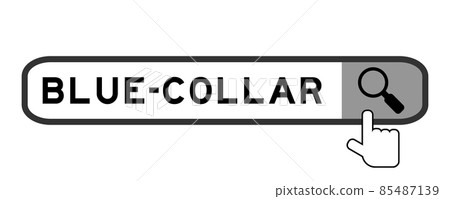 Search banner in word blue collar with hand over magnifier icon on white background 85487139
