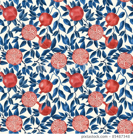 Seamless pattern with pomegranate fruits and seeds illustration. Design for cosmetics, spa, pomegranate juice, health care products, perfume. Beige background. 85487348