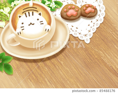 3D latte art cafe latte and paws cookie frame (cat) 3D latte art cafe latte and paws cookie frame (cat) 85488176