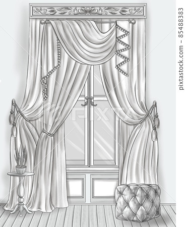 Tall Glass Window Pane With Beautiful Curtain Beside A Plant Vase Placed On A Table Colorless Line Drawing. House Windows With Long Drapes Coloring Book Page. 85488383