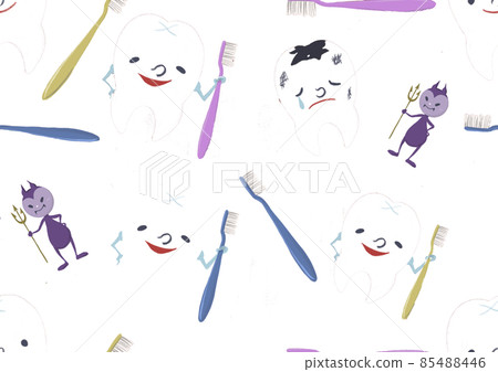 你想刷牙嗎？牙齒、牙刷和蛀牙的紡織插圖（透明背景） 85488446