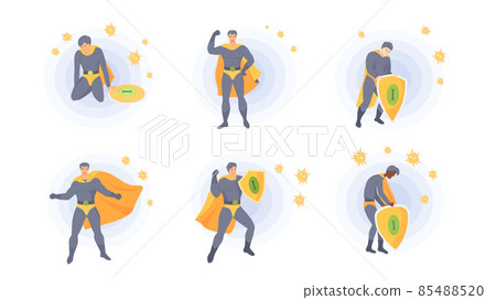 Set of illustrations about superhero as symbol of fight against viruses, bacteria, health protection Set of illustrations about superhero as symbol of fight against viruses, bacteria, health protection 85488520