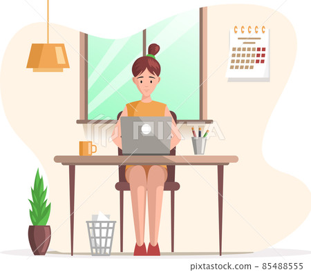 Working female character employee in office sitting at table with computer, typing on keyboard Working female character employee in office sitting at table with computer, typing on keyboard 85488555