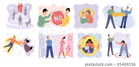 Cartoon extravert and introvert people. Personal space, social distancing, psychology concept 85488556