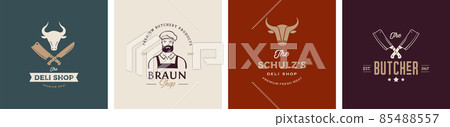 Butcher shop, gourmet, deli store logo design. Hipster butcher, knifes and cow symbols 85488557