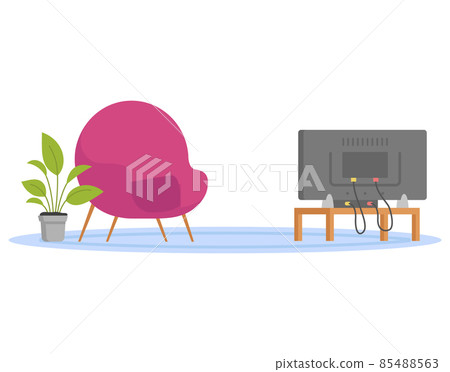 Interior and arrangement of furniture. Chair, TV, shelf, potted plant for living room design Interior and arrangement of furniture. Chair, TV, shelf, potted plant for living room design 85488563