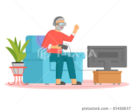 Old man playing video games on playstation. Senior is playing video game with console controller Old man playing video games on playstation. Senior is playing video game with console controller 85488637