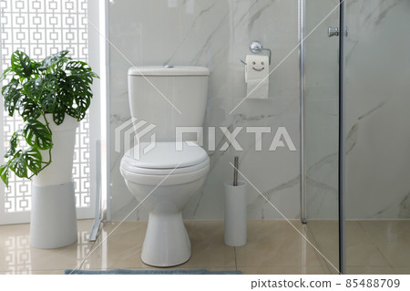 Toilet bowl and paper with funny face in bathroom Toilet bowl and paper with funny face in bathroom 85488709