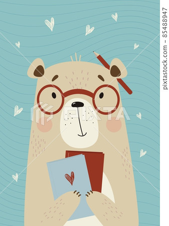 Vertical poster with cute smart bear in glasses with books and pencil on blue background with hearts. Vector illustration. For design, print, room decor, postcards, childrens collection 85488947