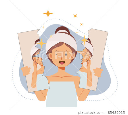 skin facial concept. woman with result of face treatment. before and after. Woman tear paper of old unhealth skin to show new result. Flat vector illustration. skin facial concept. woman with result of face treatment. before and after. Woman tear paper of old unhealth skin to show new result. Flat vector illustration. 85489015