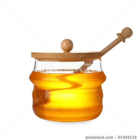 Jar with organic honey and dipper isolated on white 85489138