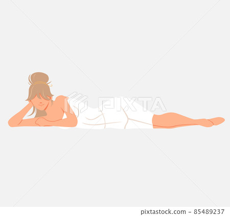 Woman lying and relaxing in sauna isolated on white. Lady wrapped in white towel in banya Woman lying and relaxing in sauna isolated on white. Lady wrapped in white towel in banya 85489237