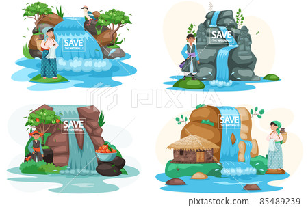 Asian man and woman dressed in national clothes standing next to waterfall in mountaine landscape Asian man and woman dressed in national clothes standing next to waterfall in mountaine landscape 85489239