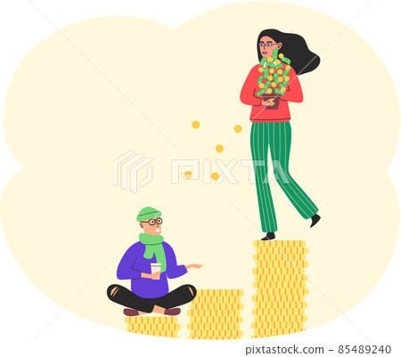 Richness and poverty concept. Rich happy woman scatter money poor male beggar begging on street 85489240
