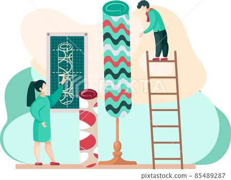 Men are working on design of new rug, choose size and pattern. Manufacture of carpets concept Men are working on design of new rug, choose size and pattern. Manufacture of carpets concept 85489287