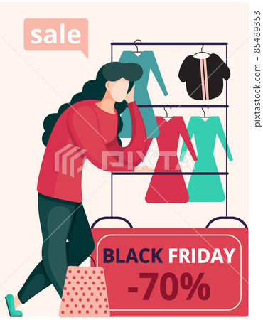 Women in clothing store on black friday. Seasonal discount offers, clothes on sale. Closeout in shop 85489353