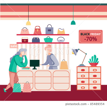 Women in clothing store on black friday. Seasonal discount offers, clothes on sale. Closeout in shop Women in clothing store on black friday. Seasonal discount offers, clothes on sale. Closeout in shop 85489354
