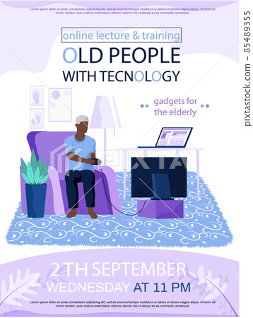Old people with technology playing video game training for pensioner announcement advertising poster 85489355