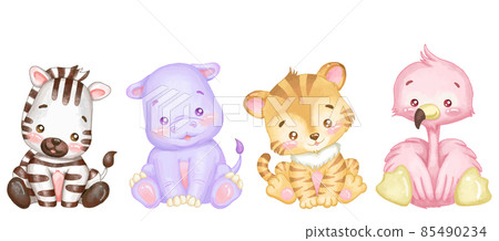 Cute animal baby set zebra, hippo, tiger, flamingo 85490234