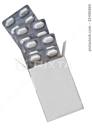 Blank medical drugs Box with pills in blister isolated 85490860
