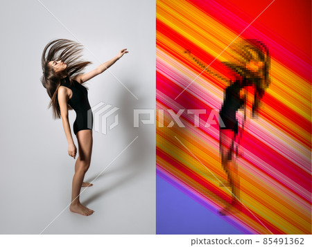 Metaverse digital Avatar, Metaverse Presence. Full length portrait of young woman and her digital pixel reflection with neon colors. Pixel effect 85491362