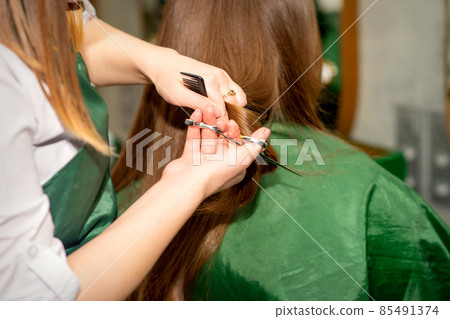 A hairdresser is cutting long hair in a hair salon. A hairdresser is cutting long hair in a hair salon. 85491374