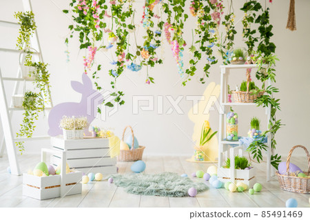 Backdrop for photo studio with easter design for kids and family photo sessions. Happy Easter Backdrop for photo studio with easter design for kids and family photo sessions. Happy Easter 85491469
