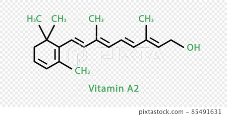 Vitamin A2 chemical formula. Vitamin A2 structural chemical formula isolated on transparent background. 85491631