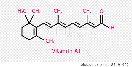 Vitamin A1 chemical formula. Vitamin A1 structural chemical formula isolated on transparent background. 85491632