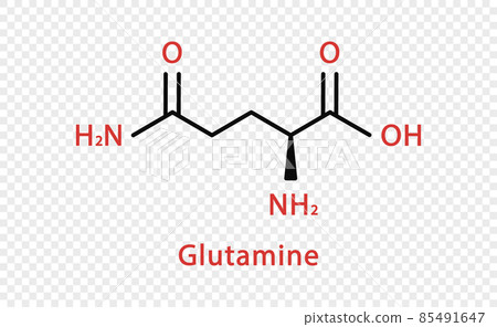 Glutamine chemical formula. Glutamine structural chemical formula isolated on transparent background. 85491647