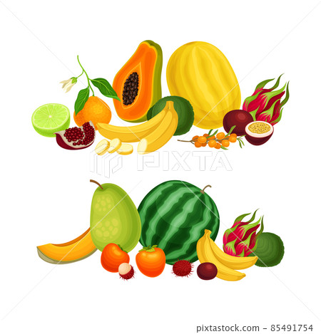 Pile of Bright and Juicy Tropical Fruit with Papaya and Watermelon Vector Set 85491754