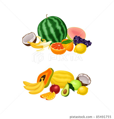Pile of Bright and Juicy Tropical Fruit with Watermelon and Banana Vector Set 85491755