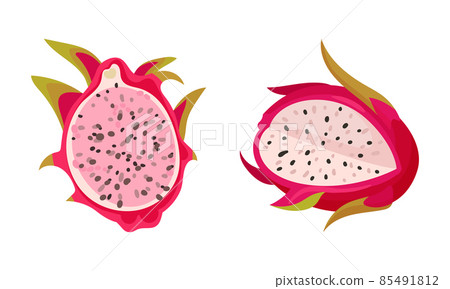 Pitaya or Pitahaya Tropical Fruit with White Juicy Flesh Vector Set Pitaya or Pitahaya Tropical Fruit with White Juicy Flesh Vector Set 85491812