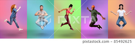 Full length of joyful multiracial young men and women in stylish outfits over colorful neon studio backgrounds, collage Full length of joyful multiracial young men and women in stylish outfits over colorful neon studio backgrounds, collage 85492625