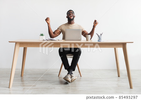 Excited young black man gesturing YES in front of laptop, celebrating success or achievement, sitting at desk in office Excited young black man gesturing YES in front of laptop, celebrating success or achievement, sitting at desk in office 85493297