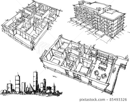 four hand drawn architectural sketches of a modern city with high buildings and people in the streets 85493326