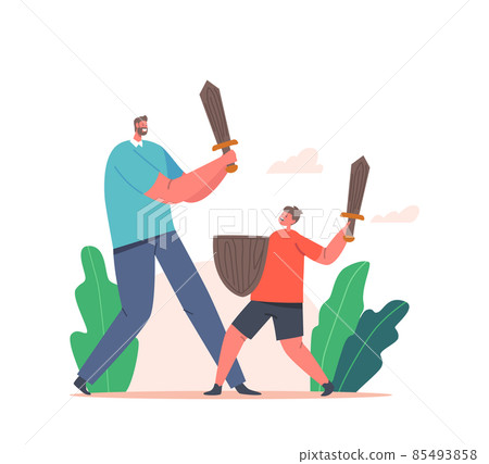 Father and Son Fighting on Wooden Swords, Happy Family Characters Playing in Knights Outdoors. Dad and Boy Fooling Father and Son Fighting on Wooden Swords, Happy Family Characters Playing in Knights Outdoors. Dad and Boy Fooling 85493858