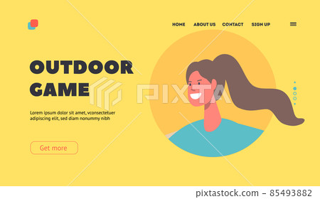 Outdoor Game Landing Page Template. Brown Haired Woman Smiling. Outdoors Activities, Leisure, Recreation, Healthy Life 85493882