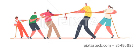 Mom, Dad and Children Characters Tear Rope, Tug of War Competition Between Parents and Kids. Concept of Family Activity 85493885