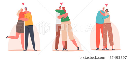 Loving Couples Hug, Romantic Relations Concept. Happy Men and Women Embracing and Hugging. Male Female Characters Love Loving Couples Hug, Romantic Relations Concept. Happy Men and Women Embracing and Hugging. Male Female Characters Love 85493897