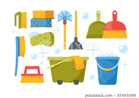 Set of Cleaning Service Equipment Isolated on White Background. Supplies for Washing Room. Janitor Cart, Maid Tools Set of Cleaning Service Equipment Isolated on White Background. Supplies for Washing Room. Janitor Cart, Maid Tools 85493899