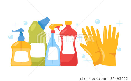 Detergent Bottles and Rubber Gloves for Cleaning and Washing Housekeeping Works. Janitor Service Equipment, Maid Tools 85493902