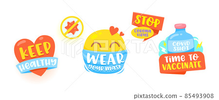 Set of Icons Keep Healthy, Wear your Mask, Stop Corona Virus, Time to Vaccinate Isolated Labels with Typography Set of Icons Keep Healthy, Wear your Mask, Stop Corona Virus, Time to Vaccinate Isolated Labels with Typography 85493908
