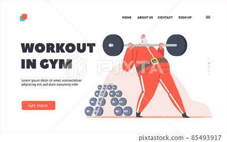 Santa Workout with Barbell in Gym Landing Page Template. Funny Senior Character Healthy Lifestyle, Powerlifting Sport Santa Workout with Barbell in Gym Landing Page Template. Funny Senior Character Healthy Lifestyle, Powerlifting Sport 85493917