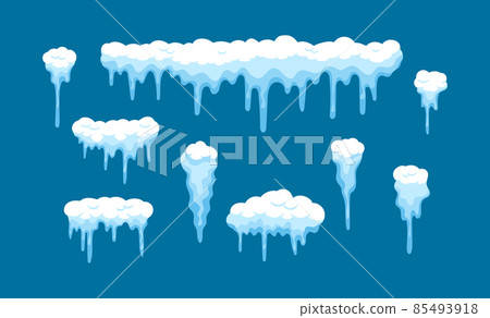Set of Snow Caps, Borders with Icicles, Snowdrifts Collection. Winter Decoration, Snowy Elements, Winter Snowfall Hats 85493918