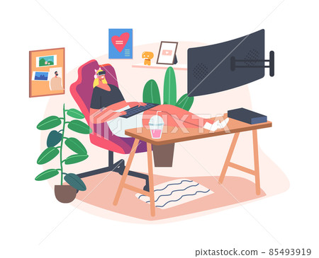 Gamer Girl with Keyboard in Hands Wear VR Glasses Playing Computer Games with Professional Desktop and Equipment 85493919