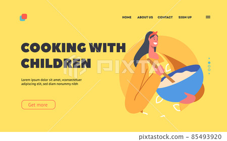 Cooking with Children Landing Page Template. Woman Mixing Dough in Bowl, Female Character Cook Bakery or Pastry Cooking with Children Landing Page Template. Woman Mixing Dough in Bowl, Female Character Cook Bakery or Pastry 85493920